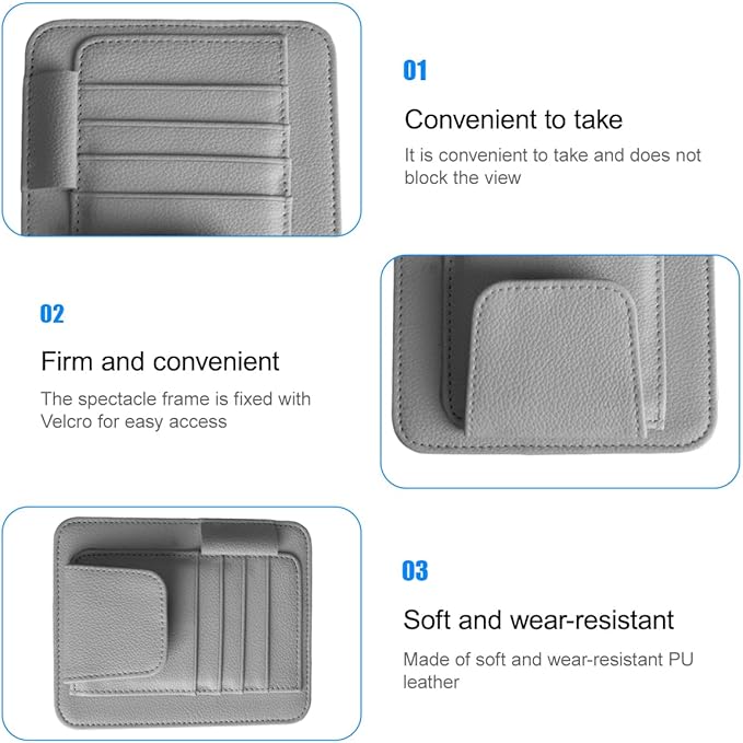 Car Sun Visor Organizer, PU Leather Vehicle Visor Document Storage Pocket for Sunglass Card Pen, Multifunctional Automotive Interior Holder Accessories, Universal Fit (Gray)