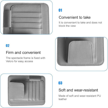 Car Sun Visor Organizer, PU Leather Vehicle Visor Document Storage Pocket for Sunglass Card Pen, Multifunctional Automotive Interior Holder Accessories, Universal Fit (Gray)
