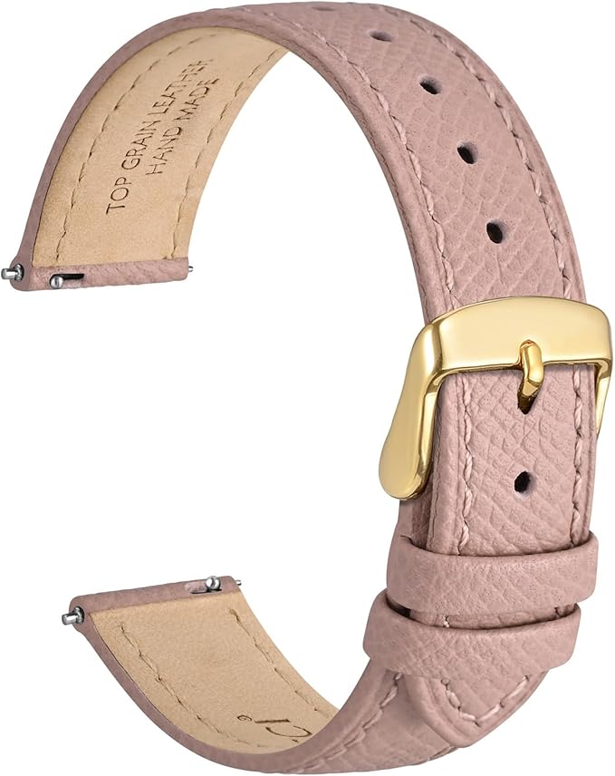 WOCCI 16mm Grace Watch Band for Ladies, Top Grain Leather, Quick Release Replacement Strap with Gold Buckle (Retro Pink)
