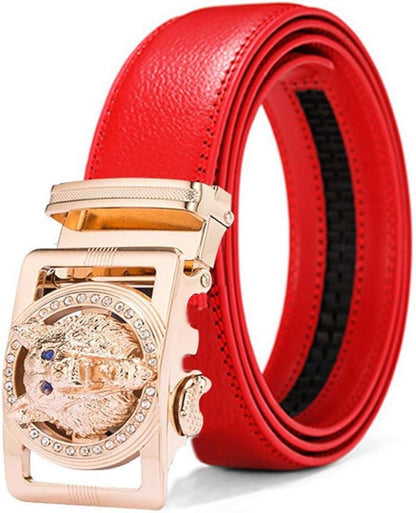 Luxury Men's Belts Red Leather Wolf Head Buckle 1.38 inch Width Used for Mens Dress Casual Adjustable Belt