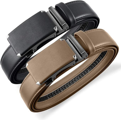 DOOPAI Men's 2 Pack Ratchet Dress Belt - Adjustable 1 3/8" Genuine Leather, Size Length Can Be Cut, With Gift Box