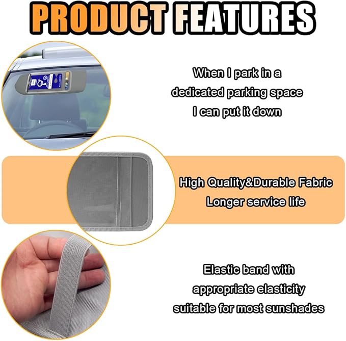 JOYCOURT Handicap Placard Holder for Car, Disabled Parking Permit Sign Protector, Car Interior Sun Visor Storage Clip with Pen Holder, Note Paper Slot, Elastic Strap (Grey)