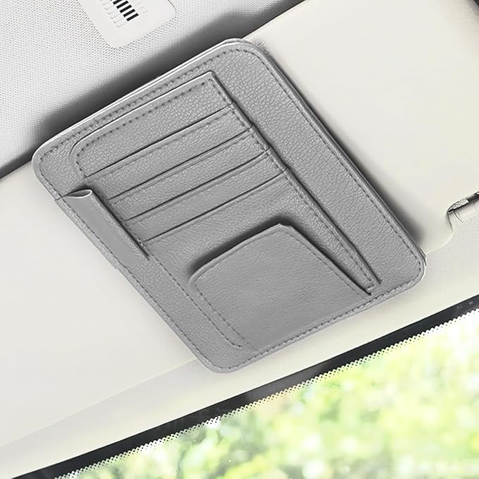 Car Sun Visor Organizer, PU Leather Vehicle Visor Document Storage Pocket for Sunglass Card Pen, Multifunctional Automotive Interior Holder Accessories, Universal Fit (Gray)
