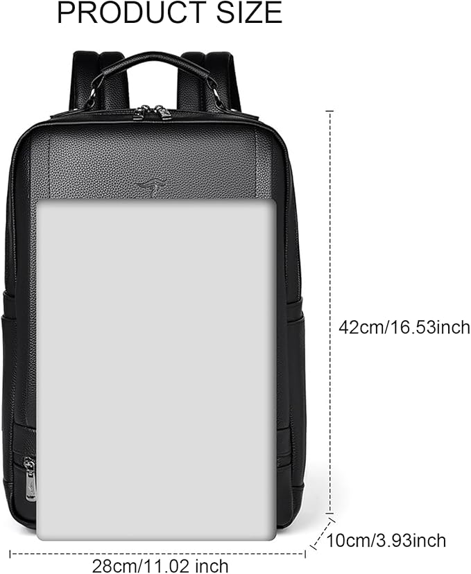 CHAO RAN Leather Laptop Backpack for Men Fit 15.6 Inch Laptop, Business Work Office College Medium Backpack with USB Charging Port, Waterproof Black Travel Bag (Black19)