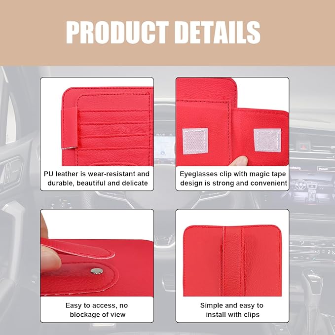 Augeny 2 PCS Car Sun Visor Organizer, Small Auto Visor Organizer and Storage, Registration and Document Holder for Sunglasses, Card, Pen, Driver License, Car Accessories (Red)