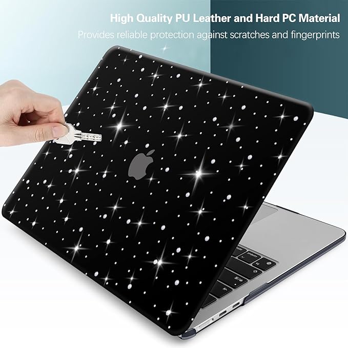 KEROM Diamond Case for MacBook Pro 13 inch 2024-2016 M2 M1 A2338 A2289 A2251 A2159 A1989 A1706 A1708, Luxury Bedazzled Bling Shiny Sparkle Glitter PU Leather Hard Shell Case & Keyboard Cover, Black
