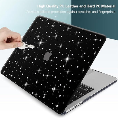 KEROM Diamond Case for MacBook Pro 13 inch 2024-2016 M2 M1 A2338 A2289 A2251 A2159 A1989 A1706 A1708, Luxury Bedazzled Bling Shiny Sparkle Glitter PU Leather Hard Shell Case & Keyboard Cover, Black