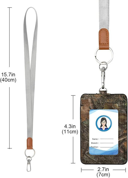 Badge Holder, Camouflage PU Leather School College Business ID Badge Card Holder Wallet Case with 1 Clear Window, 2 Credit Card Slots and Detachable Neck Lanyard - Vertical