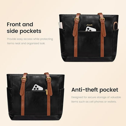 LOVEVOOK Laptop Tote Bag for Women,Vintage Leather Work Tote Bag for Women Computer Briefcase Bag,Waterproof Teacher Business