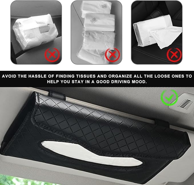 Car Tissue Holder, PU Leather Sun Visor Hanging Paper Napkin Dispenser with Tissue Refill, Backseat Mask Towel Case Visor Organizer with Magnetic Closure, Car Accessories (Black)