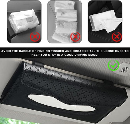Car Tissue Holder, PU Leather Sun Visor Hanging Paper Napkin Dispenser with Tissue Refill, Backseat Mask Towel Case Visor Organizer with Magnetic Closure, Car Accessories (Black)