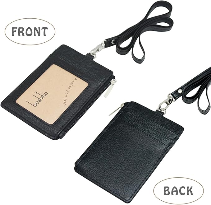 Badge Holder with Zipper - Boshiho Genuine Leather ID Badge Card Holder Wallet with 18.5" Neck Lanyard, 5 Card Slots Vertical Style