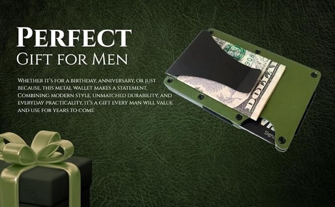 Leatherboss Wallet for Men RFID Blocking Minimalist Metal Card Holder with Money Clip Holds Credit Cards and Cash (Army Green)