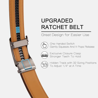 SENDEFN Men's Leather Belt Automatic Ratchet Buckle Slide Belt for Dress Casual Trim to Fit with Gift Box