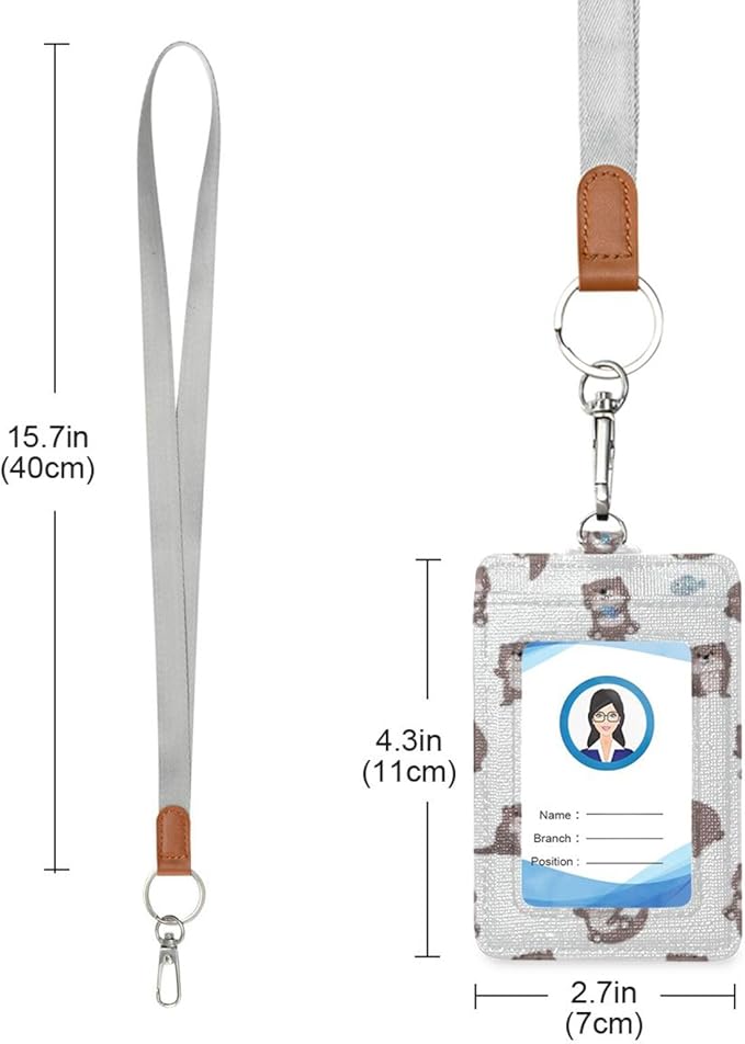 Kigai PU Leather Badge Holder Cute Otter Vertical ID Card Holder Wallet with 1 Clear ID Window, 2 Card Slots, 1 Removable Neck Lanyard, for Both Office and School