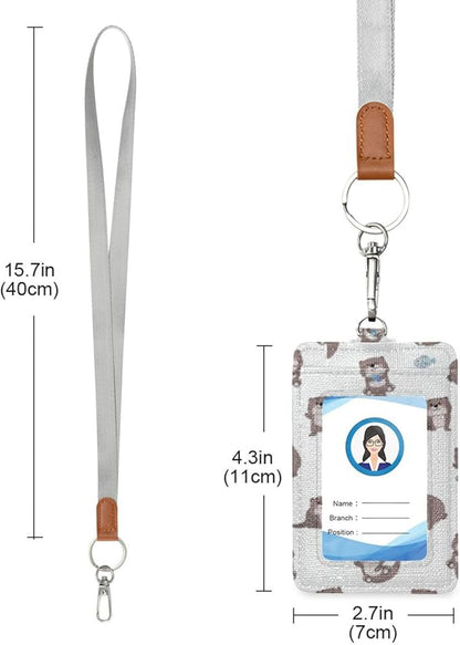 Kigai PU Leather Badge Holder Cute Otter Vertical ID Card Holder Wallet with 1 Clear ID Window, 2 Card Slots, 1 Removable Neck Lanyard, for Both Office and School