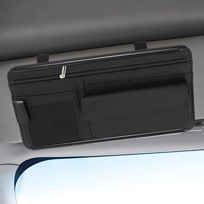 Hovom Car Visor Organizer, Leather Multi-Pocket Auto Sun Visor Storage Pouch with Sunglasses Holder, Card Holder, Zipper Pocket, Net Pocket, Pen Slot, Universal Interior Car Accessories (Black)