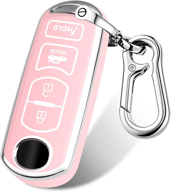 FT FUNTOR for Mazda Key Cover,4 Buttons TPU Key Cover with Silver Edge,Compatible with Mazda 3 6 8 CX-3 CX-5 CX-7 CX-9 atenza Miata MX-5 with Keychain (B-Pink)