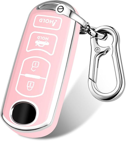 FT FUNTOR for Mazda Key Cover,4 Buttons TPU Key Cover with Silver Edge,Compatible with Mazda 3 6 8 CX-3 CX-5 CX-7 CX-9 atenza Miata MX-5 with Keychain (B-Pink)