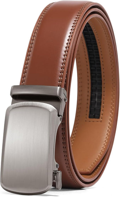 SENDEFN Men's Leather Belt Automatic Ratchet Buckle Slide Belt for Dress Casual Trim to Fit with Gift Box