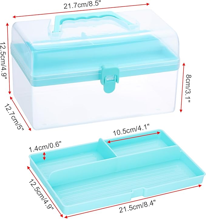 BTSKY Multipurpose Plastic Craft Storage Containers with Removable Tray, Clear Plastic Storage Box with Lid & Handle, Easy Carry & Stack Small Storage Container, 8.5x5x4.9 Inch, Rectangle-Blue