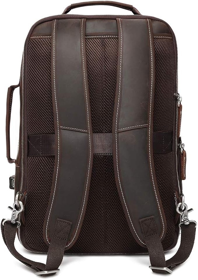 LANNSYNE Men's Full Grain Leather Expandable 15.6 Laptop Backpack Tote Shoulder Travel Bag Rucksack