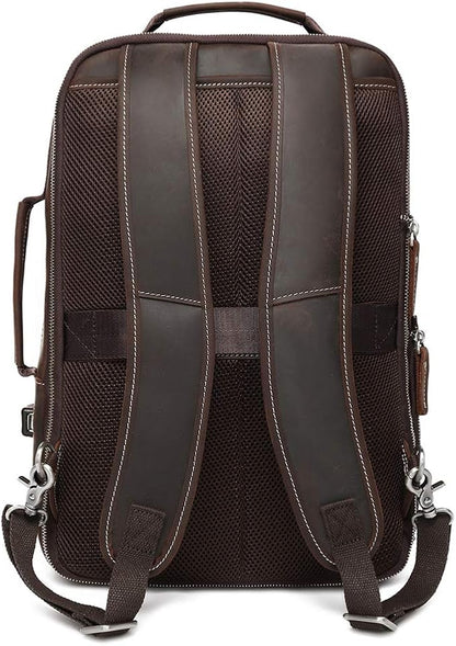 LANNSYNE Men's Full Grain Leather Expandable 15.6 Laptop Backpack Tote Shoulder Travel Bag Rucksack