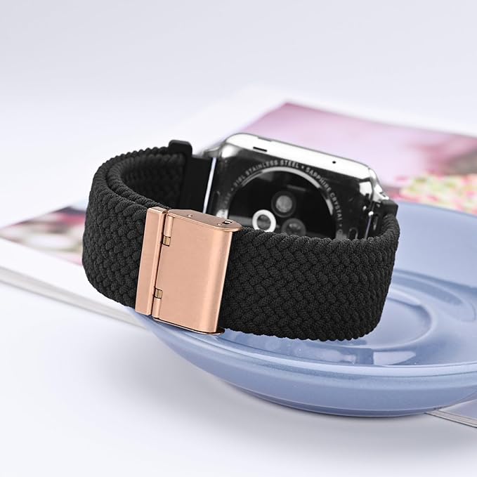 WOCCI 20mm Braided Nylon Watch Band for Men and Women, Quick Release, Rosegold Stainless Steel Buckle (Black)