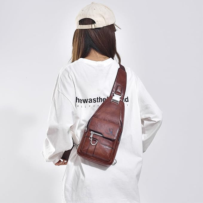 ANPTER Sling Bag for Men Crossbody Chest Bag,PU leather Over the Shoulder Purse Cross Body Sling Backpack for Travel