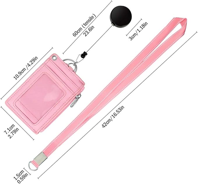【2025 Latest】 Cute ID Badge Holder Retractable Lanyard Reel Clip with Heavy Duty Carabiner, 5 Card Slots in 2 Sided with Key Ring and Zipper for Students Teens Boys Girls Office Staff Women (Pink)