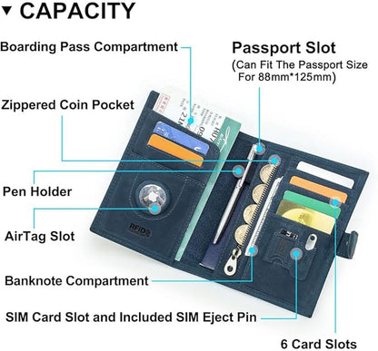 CONTACTS Full Grain Leather Passport Holder Compatible with Airtag RFID Blocking Passport Wallet Travel Slim Passport Cover with SIM Card Removal Tool (Blue)