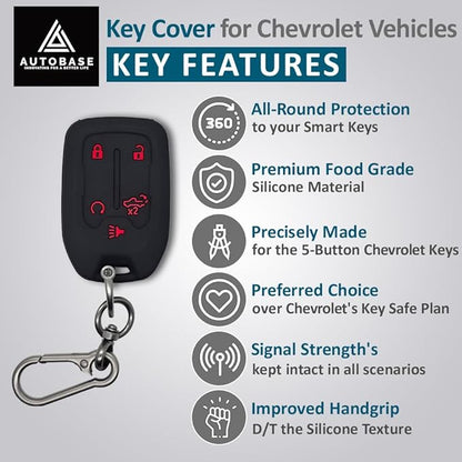 Autobase Silicone Chevrolet Key Fob Cover 2Pc 2023 2022 2021 2020 2019 GMC Sierra Chevy Silverado 1500 2500HD 3500HD, 5 Button Remote Protector Chevy Key Fob Cover Protective Shell Replacement (Black)