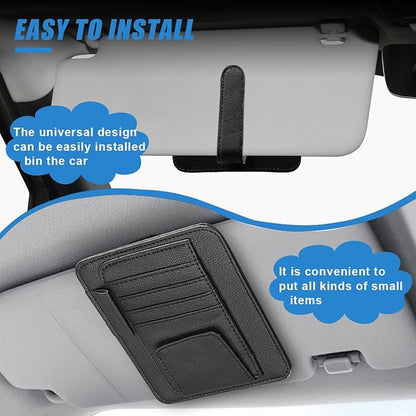 Small Leather Car Sun Visor Organizer - Multifunctional Car Interior Sunglass Holder Auto Visor Document Holder - Auto Card Sleeve Pocket Pouch Organizer for Driving License Registration Pen (Black)