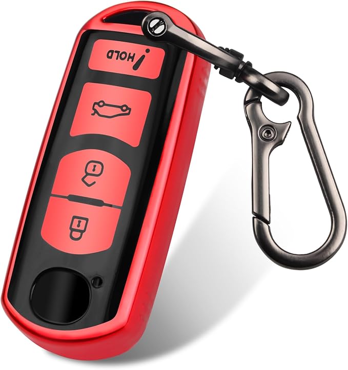 FT FUNTOR for Mazda Car Key Cover,4 Red Buttons TPU Key Cover with Keychain,Compatible with Mazda 3 6 8 CX-3 CX-5 CX-7 CX-9 atenza Miata MX-5 (C-Red)