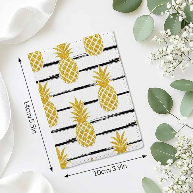 Gold Pineapple Passport Holder for Travel Art Black Line PU Leather Passport Cover Wallet Cute Passport Card Holder for Women and Men