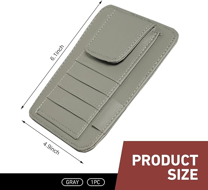 Small Leather Car Sun Visor Organizer, 4.9" x 6.1" Multifunctional Strap-On Document Sunshade Storage Holder for Card Pen Sunglasses License, Universal for Most Cars Trucks SUVs (Gray)