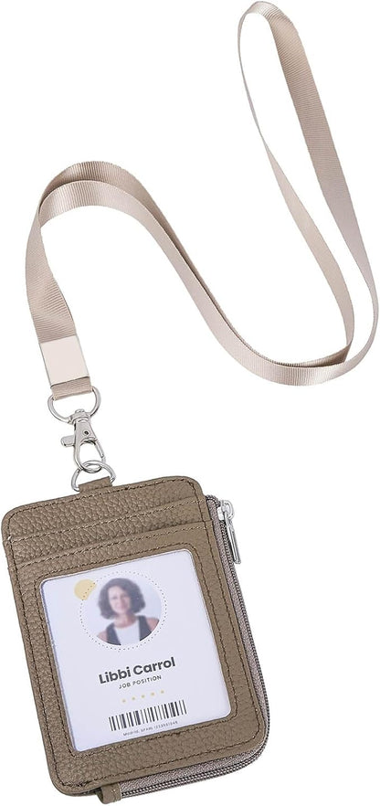 Badge Holder – Genuine Leather ID Badge Holder with Zipper Pocket and Nylon Lanyard – Perfect for Badges, Cards, and More