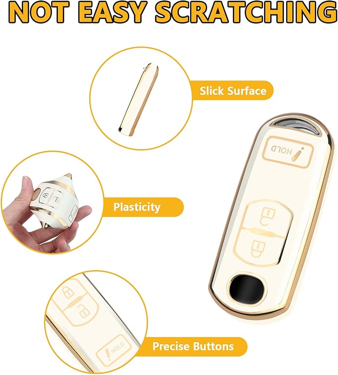 FT FUNTOR for Mazda Key Fob Cover,3 Buttons TPU Key Cover with Golden Edge,Compatible with Mazda 3 6 CX-3 CX-5 CX-7 CX-9 with Keychain (A-White)