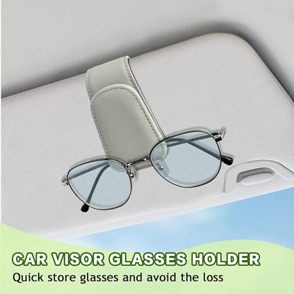 Sunglass Holder for Car, Sunglasses Clip for Car Visor, Magnetic Leather Vehicle Eyeglass Hanger Clip, Auto Ticket Card Glasses Organizer Clamp Accessories for SUV Sedan (Light Beige)