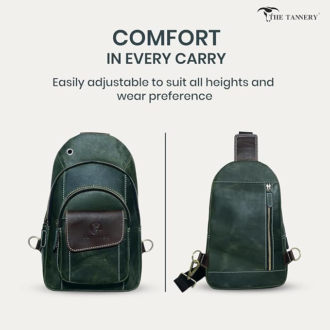 The Tannery Handmade Buffalo Leather Multipurpose Travel Hiking Crossbody Chest Backpack with Adjustable Shoulder Strap (Green, Small)