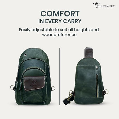The Tannery Handmade Buffalo Leather Multipurpose Travel Hiking Crossbody Chest Backpack with Adjustable Shoulder Strap (Green, Small)