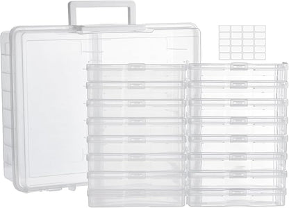 ALINK Photo Storage Box with Handle, 4" x 6" Photo Case Craft Keeper Organizer Container with 16 Inner Case and Label for Pictures, Arts, Crafts, Sewing, Stickers, Office Supplies - Clear