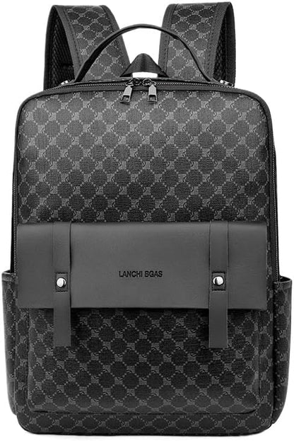 Retro men's business plaid backpack can hold a 15.6-inch laptop, women's stylish travel waterproof leather backpack. (Black circle-16.1inch)