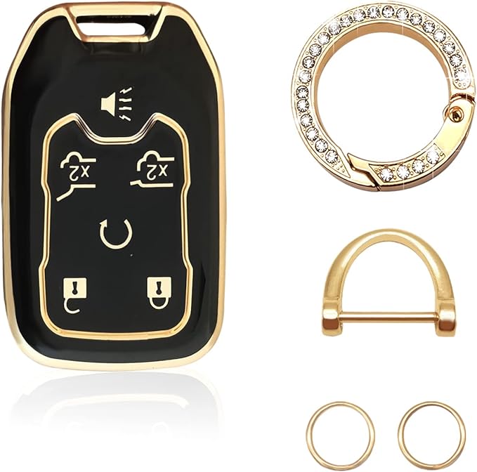 Soft TPU Key Fob Cover Case Shell Protector Key Cover Compatible with Chevy Chevrolet Suburban Tahoe GMC Terrain Yukon Yukon XL Car Key with Bling Keychain for Accessories (Black)