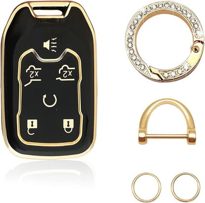 Soft TPU Key Fob Cover Case Shell Protector Key Cover Compatible with Chevy Chevrolet Suburban Tahoe GMC Terrain Yukon Yukon XL Car Key with Bling Keychain for Accessories (Black)