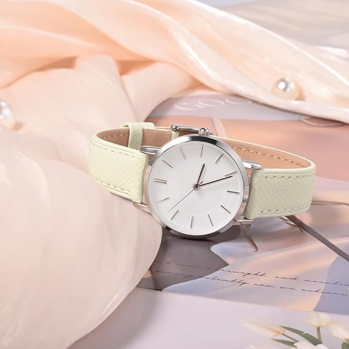 WOCCI 22mm Grace Leather Watch Band for Ladies, Top Grain Leather, Quick Release Replacement Strap with Silver Buckle (Beige)