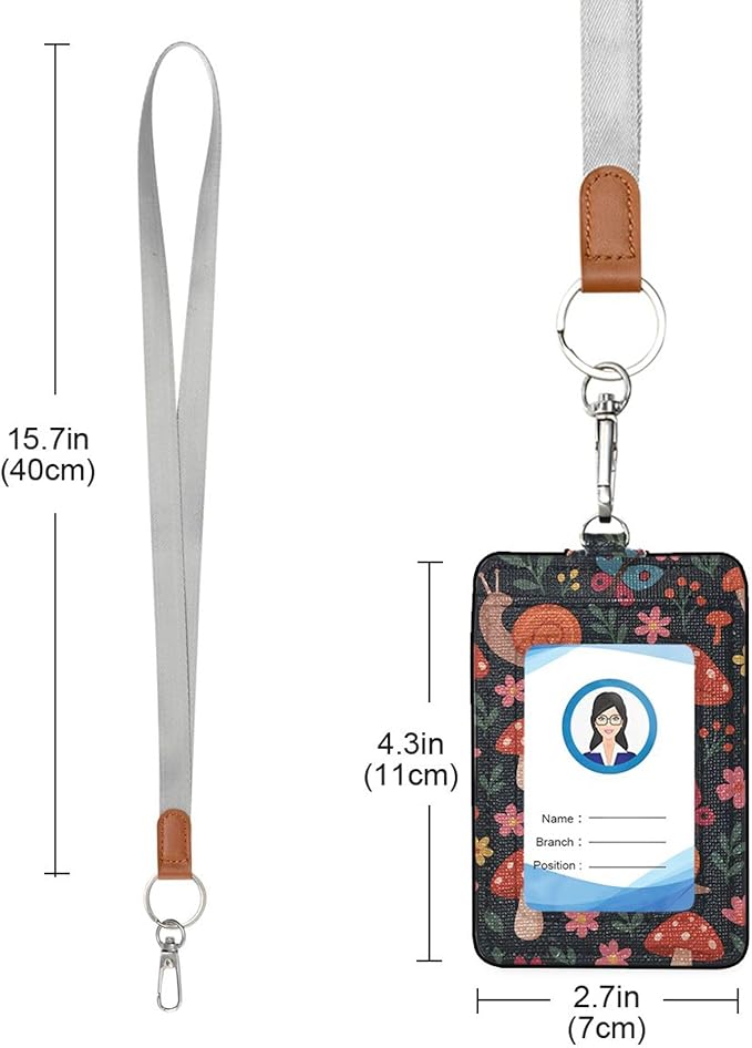 Badge Holder, Mushroom with Snails PU Leather School College Business ID Badge Card Holder Wallet Case with 1 Clear Window, 2 Credit Card Slots and Detachable Neck Lanyard - Vertical