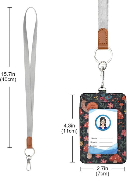 Badge Holder, Mushroom with Snails PU Leather School College Business ID Badge Card Holder Wallet Case with 1 Clear Window, 2 Credit Card Slots and Detachable Neck Lanyard - Vertical
