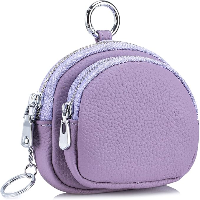 Genuine Leather Coin Purse with Keychain Clip Dual Zipper Mini Wallet Small Cute Pouch for Women & Men Compact Card Holder Wallet Key Holder (Purple)