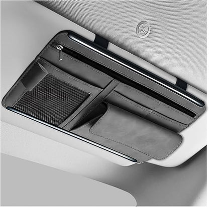 Car Sun Visor Organizer, Leather Sun Visor Pocket Organizer Case with Multi-Pocket Net Zipper, Suede Note Holder Car Visor Storage Pouch for Card Pen Sunglasses Document (Gray)